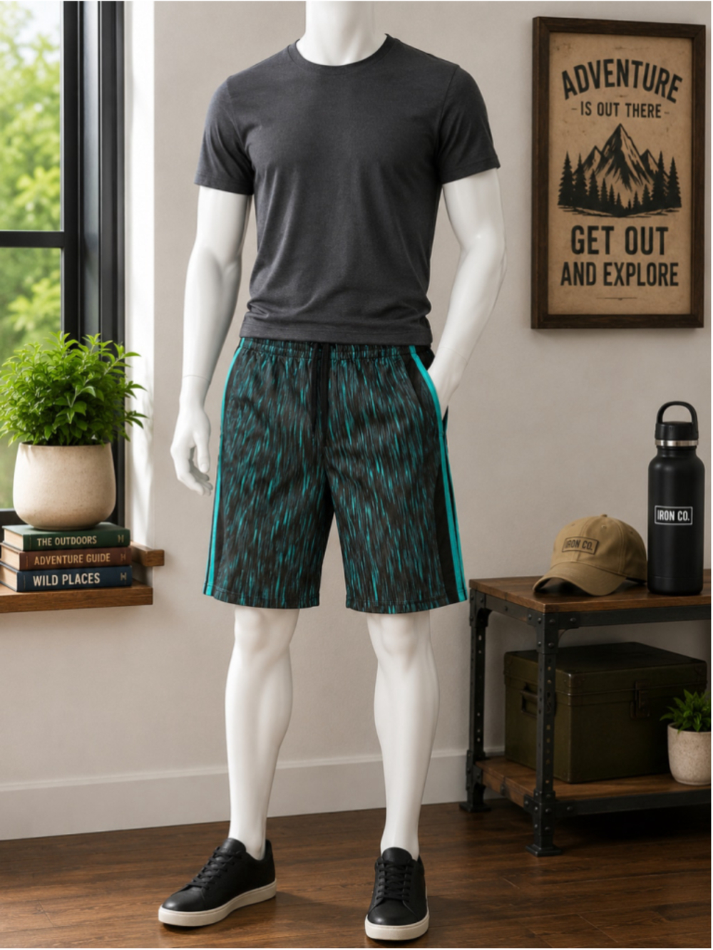 Men's Unbranded Athletic Shorts Medium Black Teal Striped
